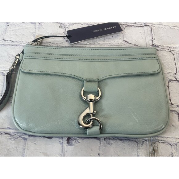 Rebecca Minkoff Wristlet Skinny Clutch Purse Mint Green Leather 9x6” nwt